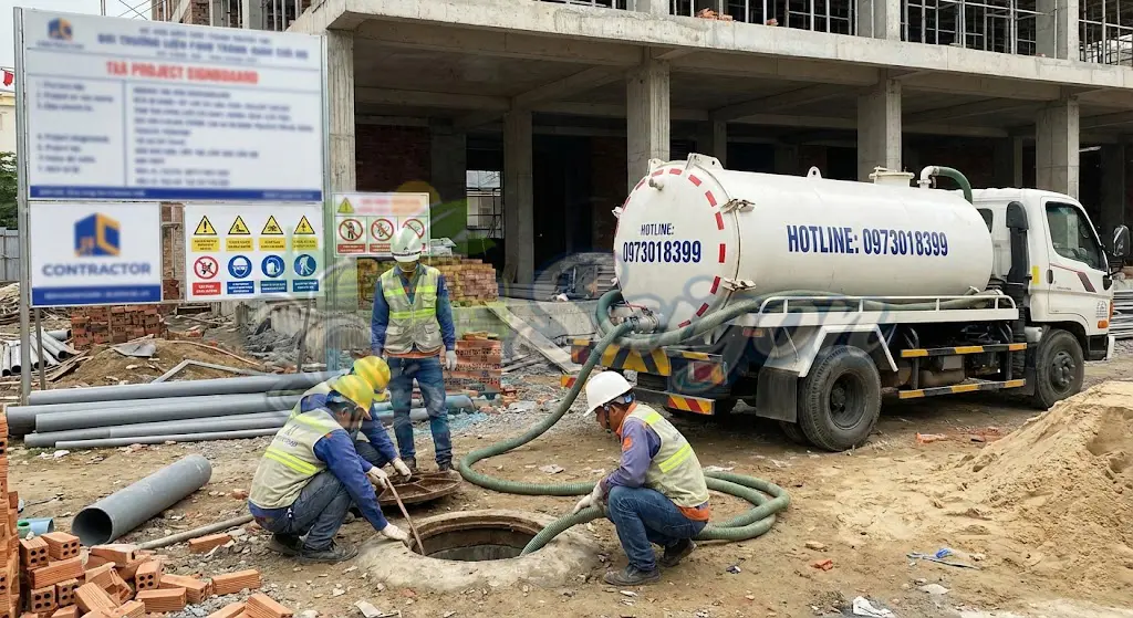 Kỹ thuật viên thi công hút hầm cầu sạch sẽ không đục phá