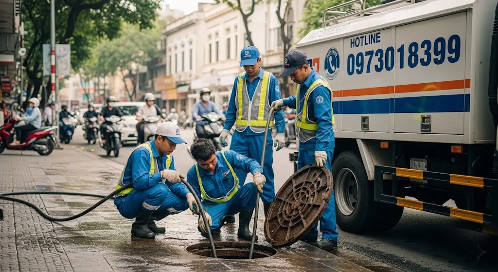 Xe h&uacute;t hầm cầu mini đi v&agrave;o hẻm nhỏ tại Quận 2