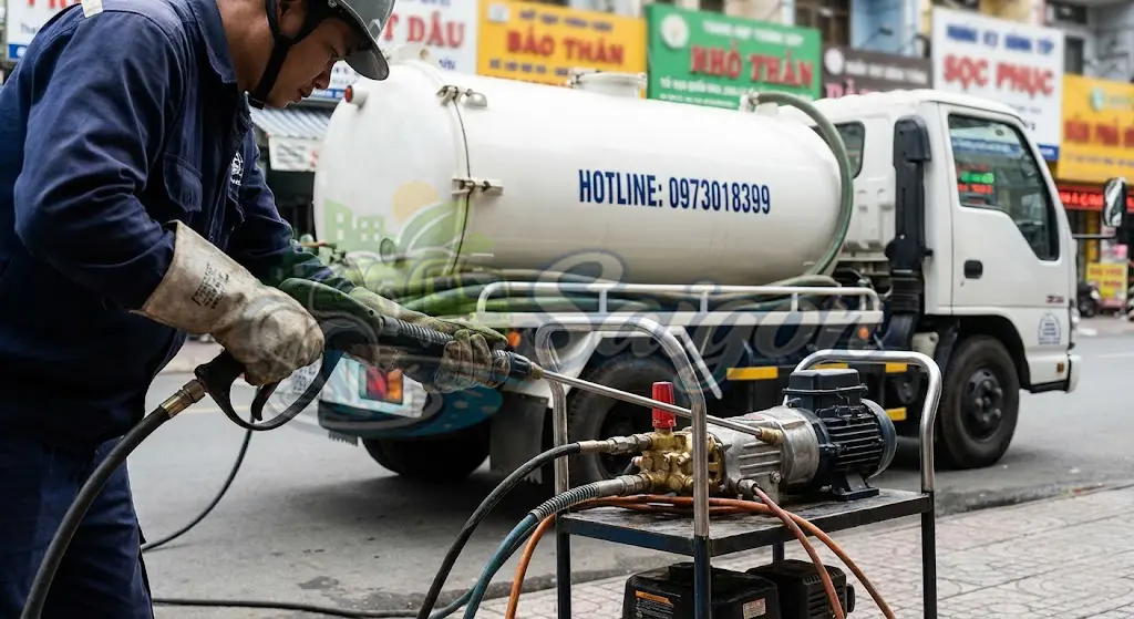 Xe hút hầm cầu chuyên dụng phục vụ tại khu đô thị Quận 7